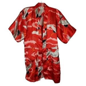 Vintage Kimono Robe Jacket Asian Bird Print Shiny Red White Clouds Missing Belt